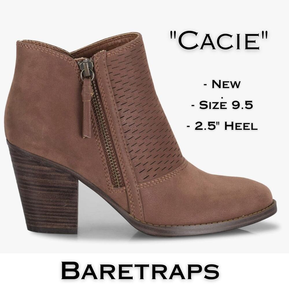 Baretraps Cacie Booties 9.5 Brown Faux Suede Block Heel Ankle Boots Side Zip NEW